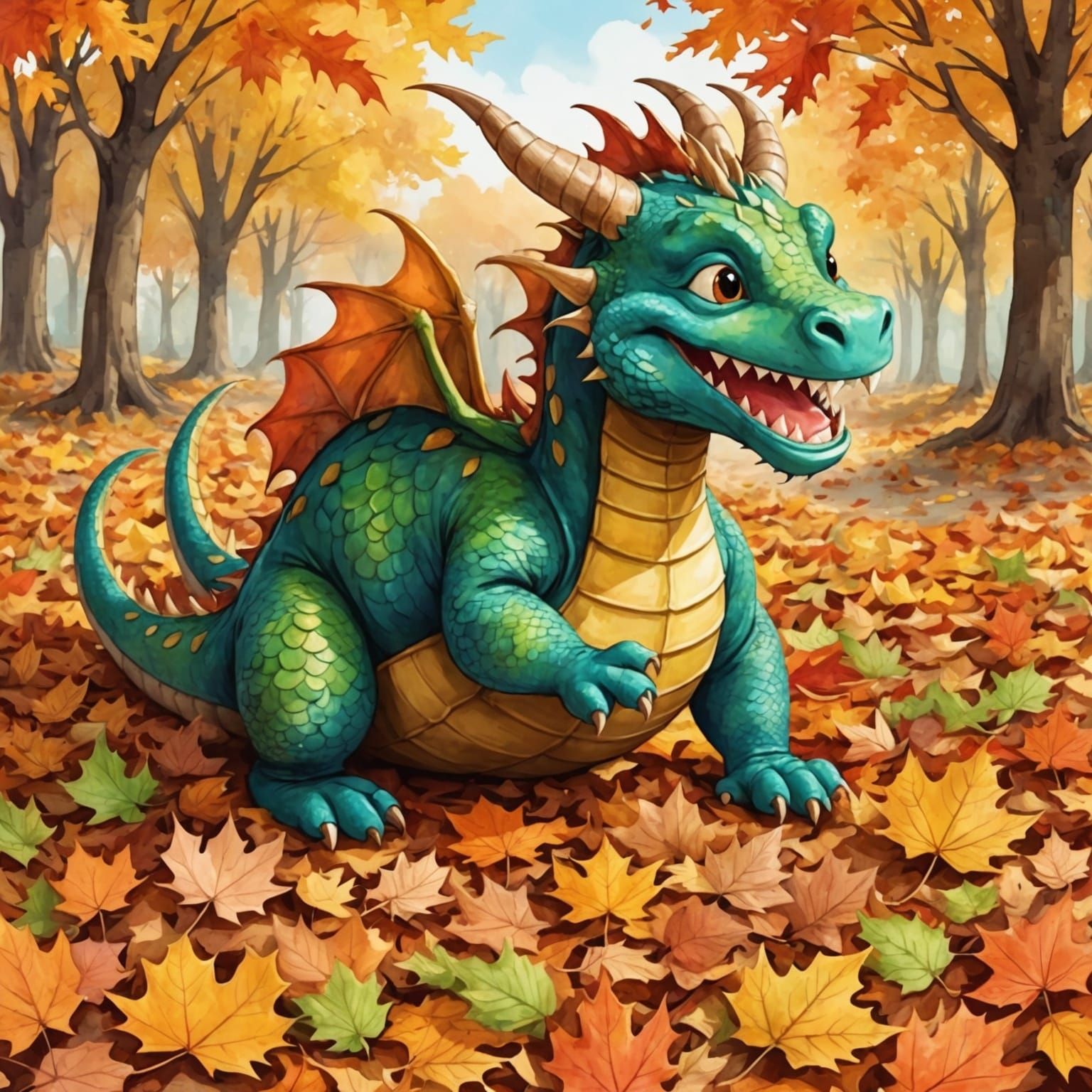 Happy Dragon Playing in Fall Leaves, Watercolor