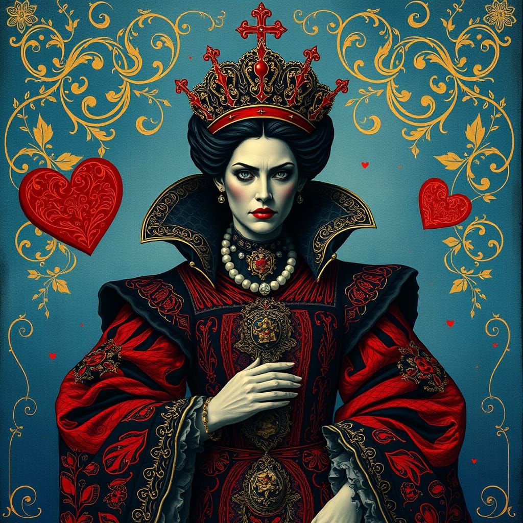 Regal Queen of Hearts in Victorian-Inspired Courtly Attire