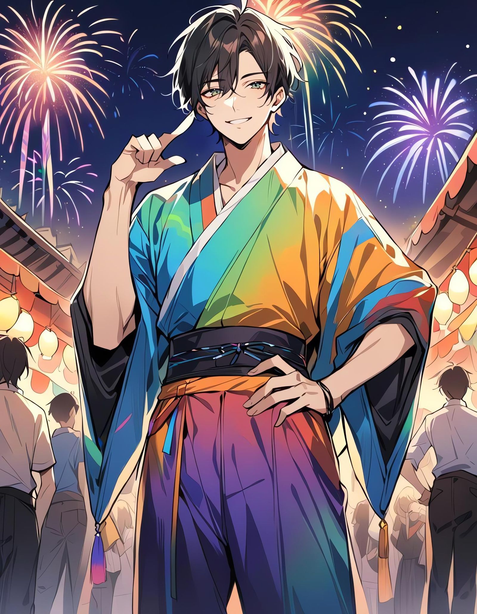 Bishounen at Festival in Rainbow Kimono