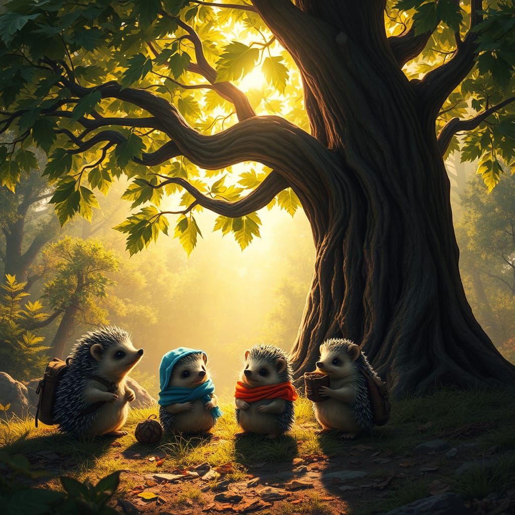Hedgehog Adventurers in Sunlit Forest, Digital Matte Paintin...