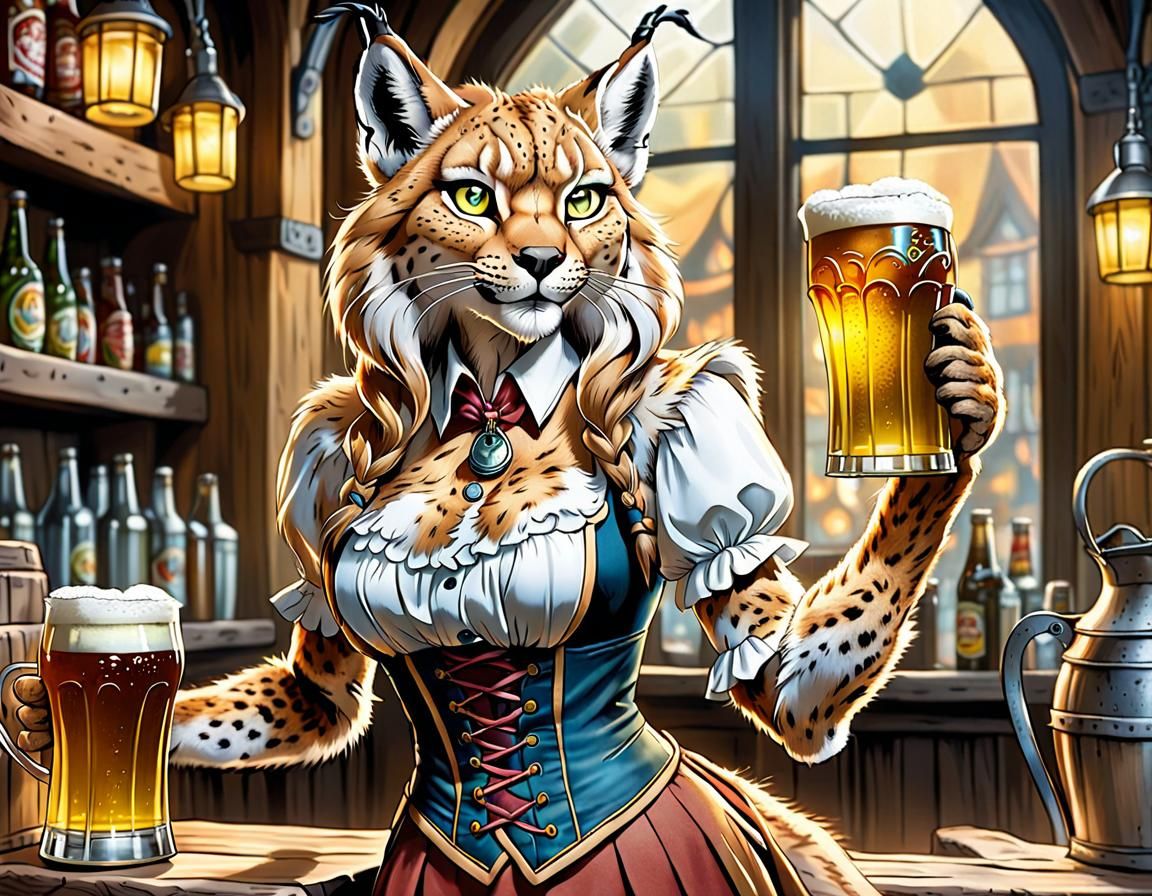 Lynx Barmaid Serves Oktoberfest Beer, Comic Art