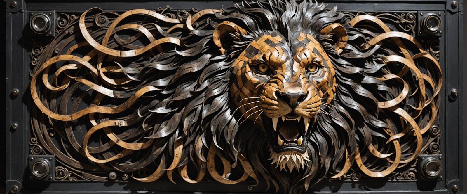 Charred Leather Sculpture of Camera-Headed Lion