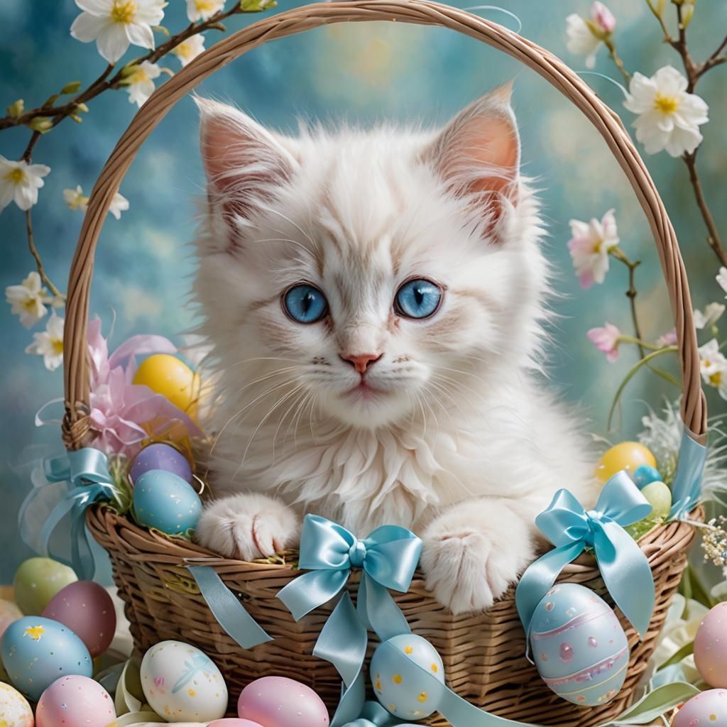Adorable Easter Kitten in a Basket, Spring Dreamscape