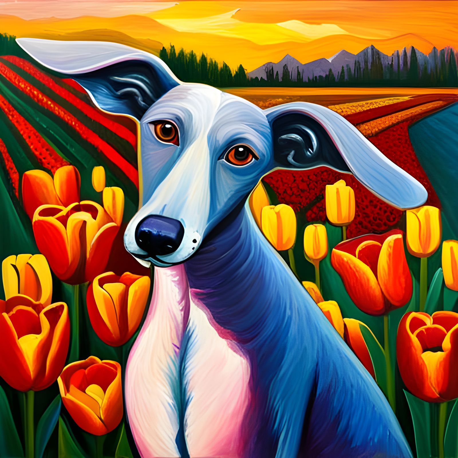 Greyhound with Tulips II