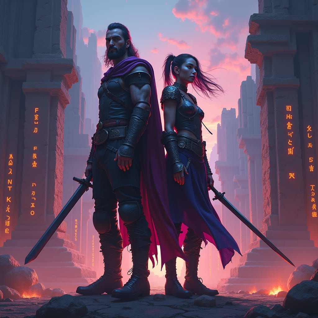 Epic Warriors in Ancient Cityscape