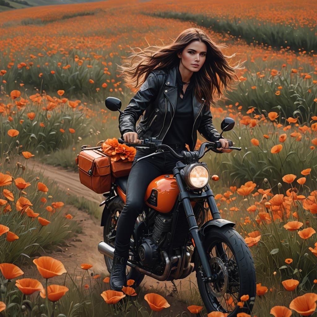 Woman on Motorbike in Poppy Field, Matte Painting