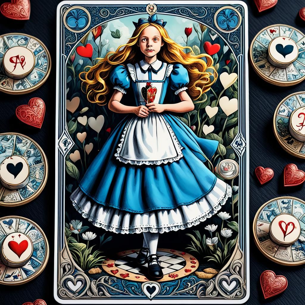 Alice in Wonderland Tarot Card with Hearts