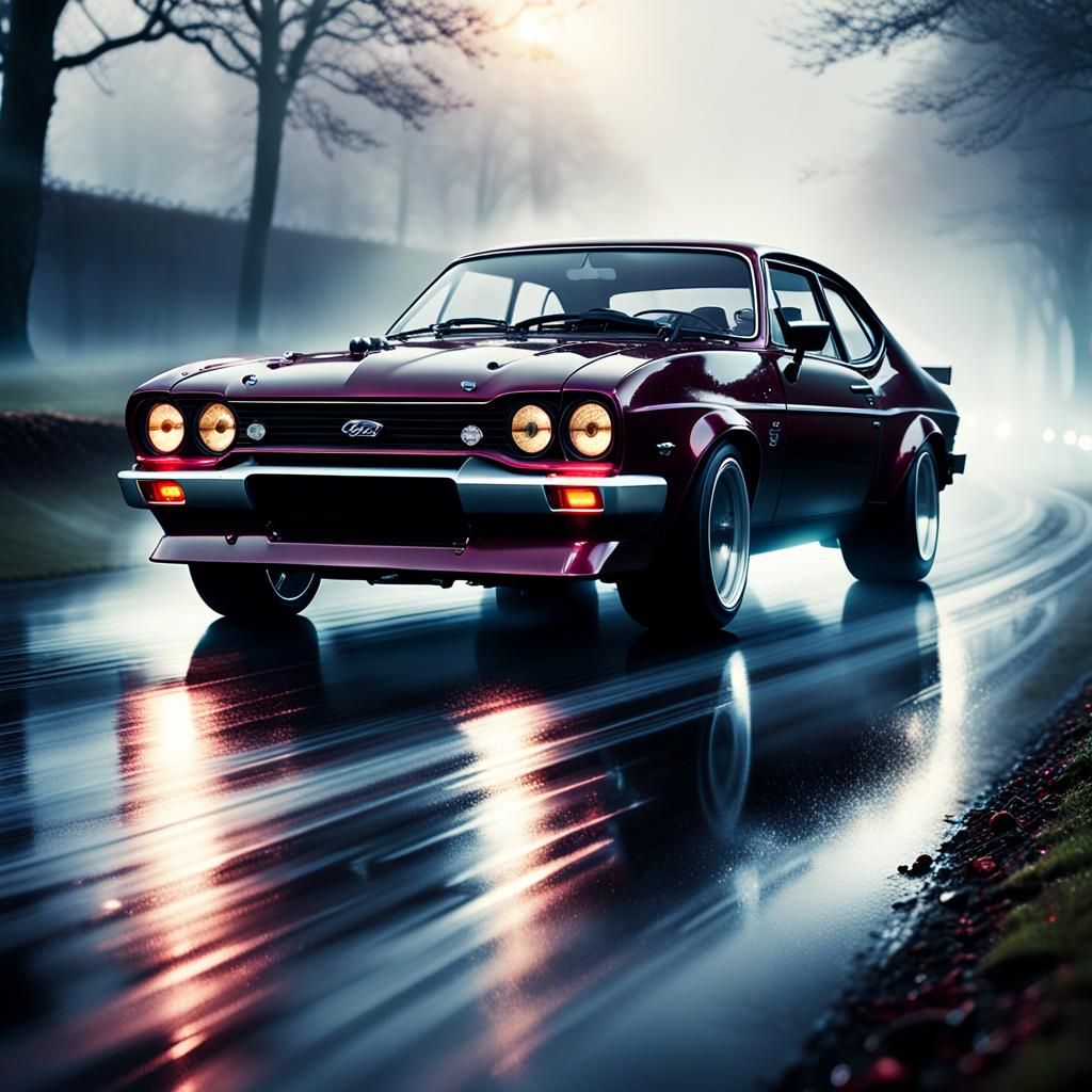 Black Cherry Ford Capri Supercar on Misty Track