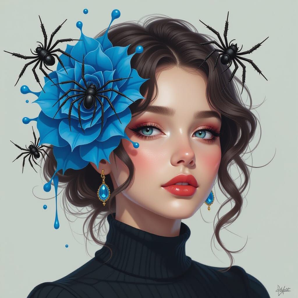 Blue Spirals and Big Black Spiders in Hyperrealistic Style
