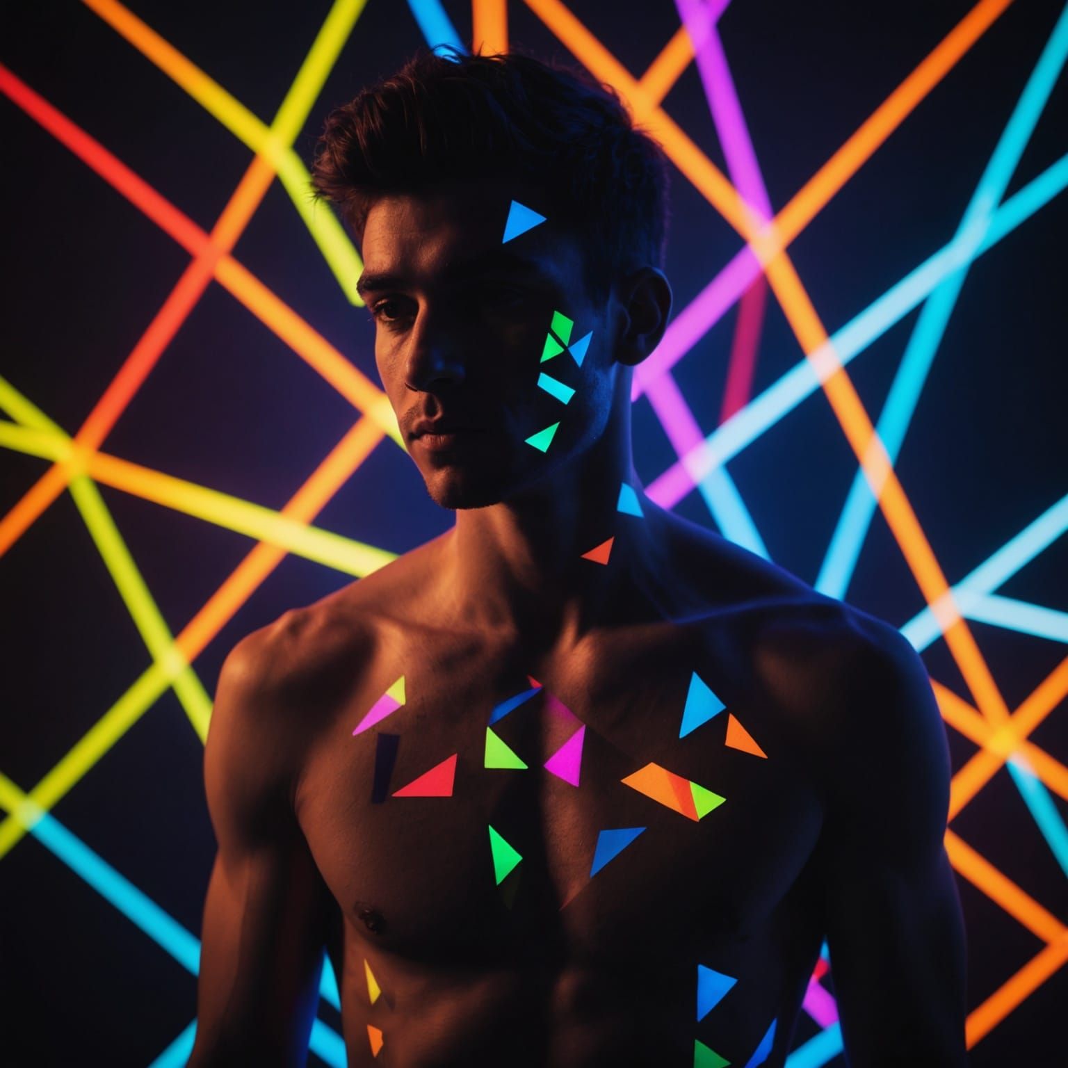 Young Man Bathed in Geometric Light Patterns