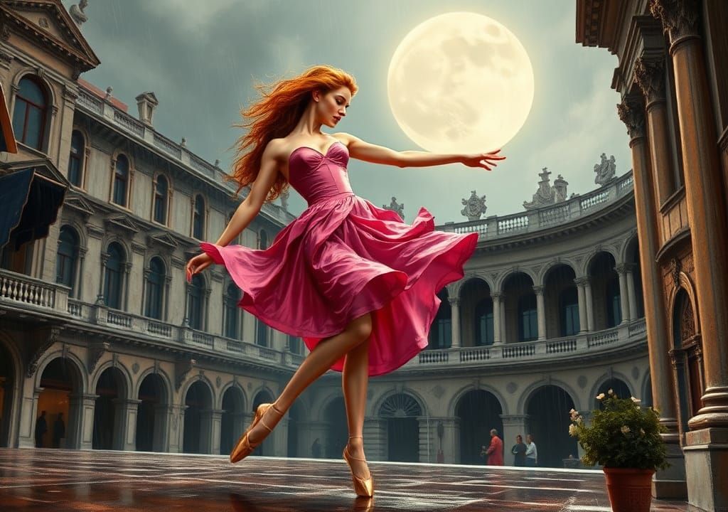 Ballerina Dancing in the Rain: Impressionistic Oil Painting