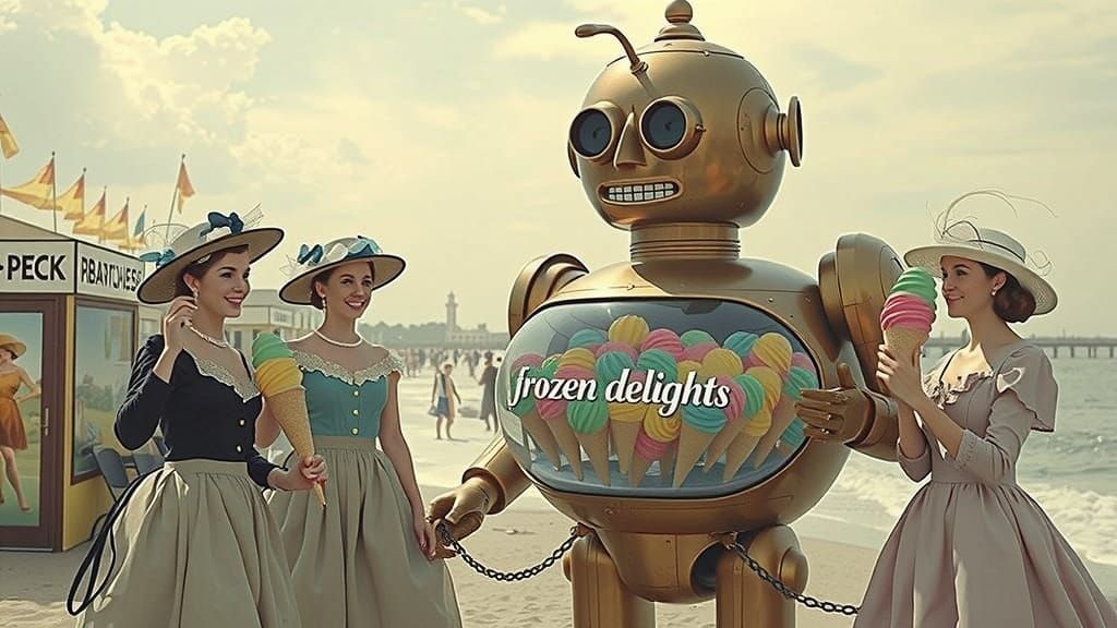 Victorian Women and Robot Ice Cream on Beach