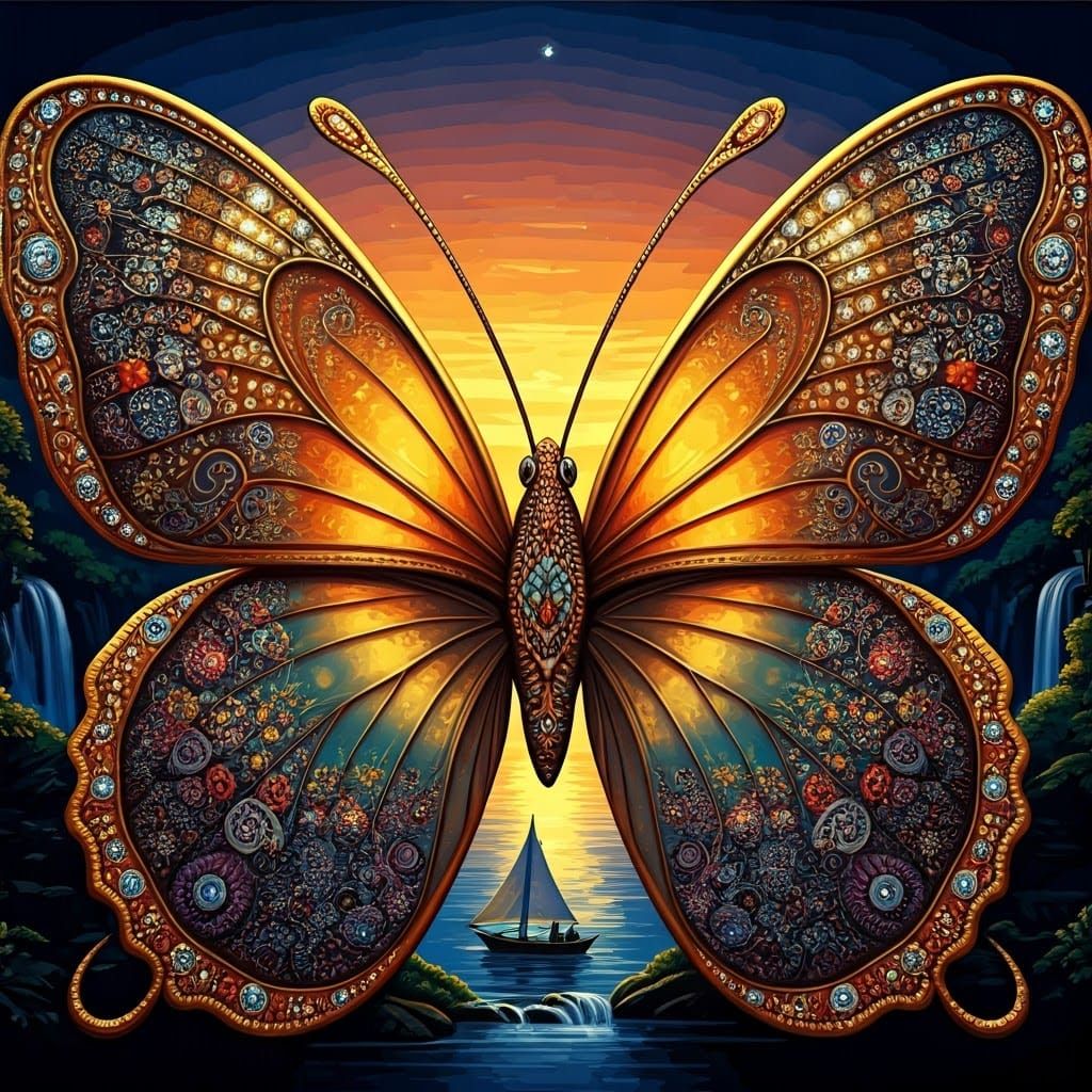 Bejeweled Butterfly Dreamscape in Art Brut Style