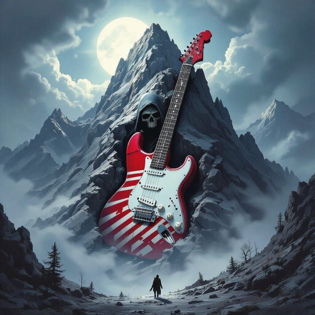 Mountain Guitar with Grim Reaper in Dark Fantasy Style