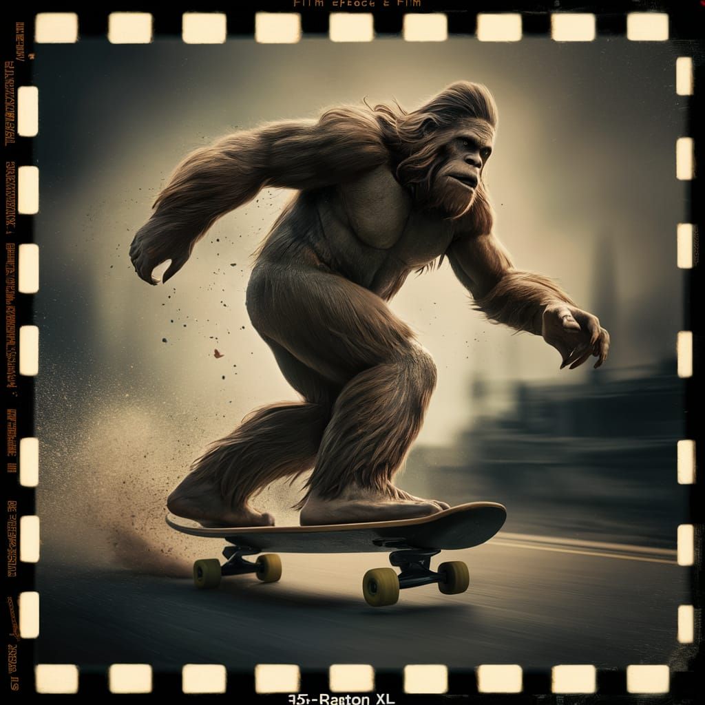 Bigfoot riding a skateboard