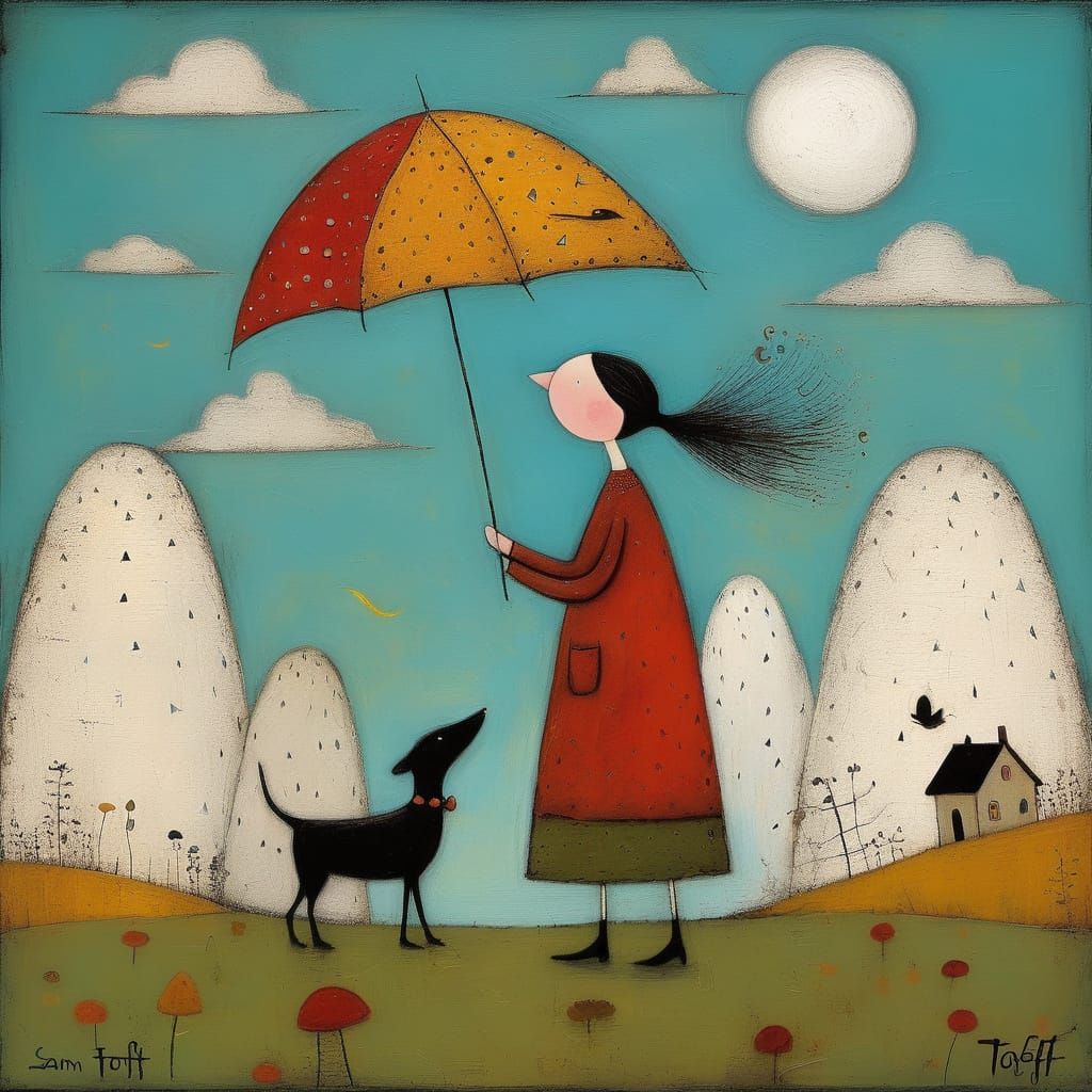 Quirky Primitivism: Surreal Painting of a Playful Wanderer