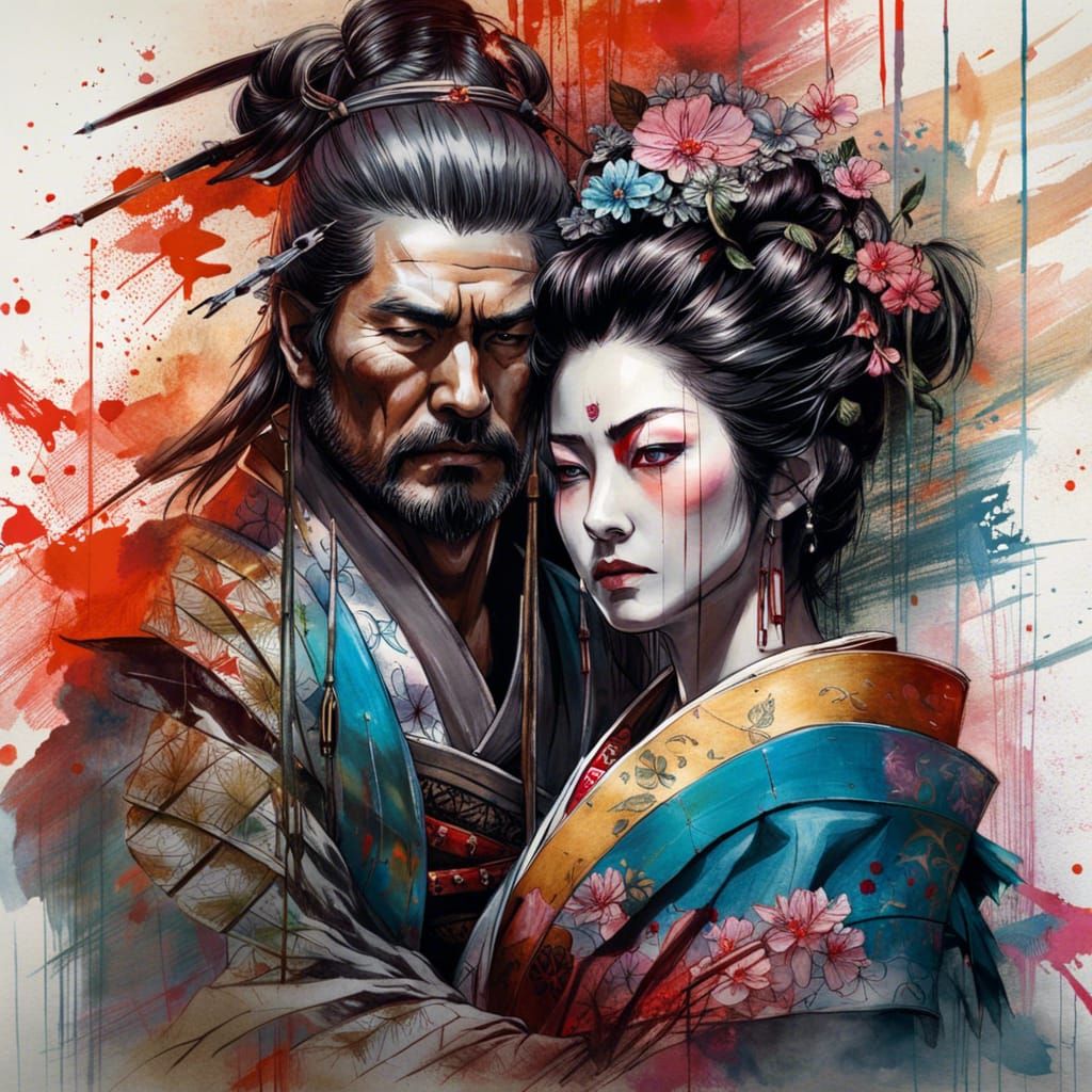 Samurai and Geisha Embrace: Detailed Portrait