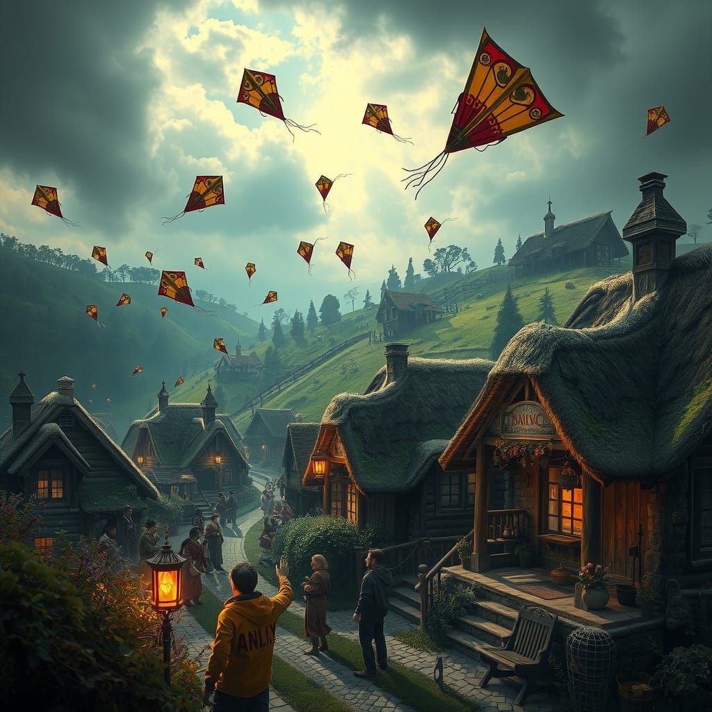 Dark Fantasy Festival with Kites in Rolling Hills
