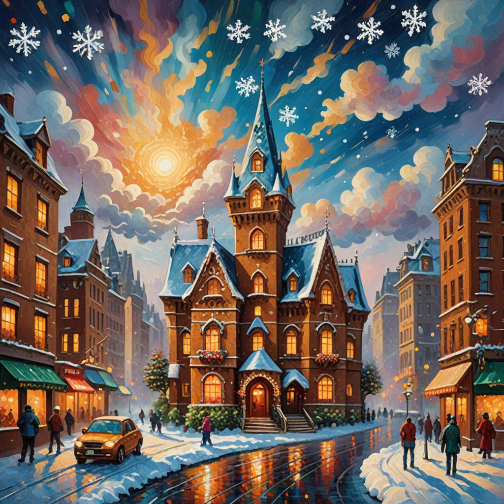 Vibrant Gingerbread Empire Building, Neo-Impressionist Chris...