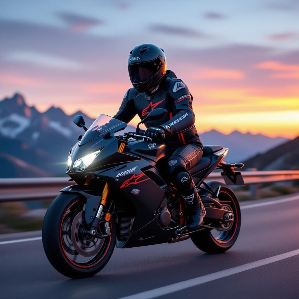 Motorcyclist in Alpinestars Gear at Sunset
