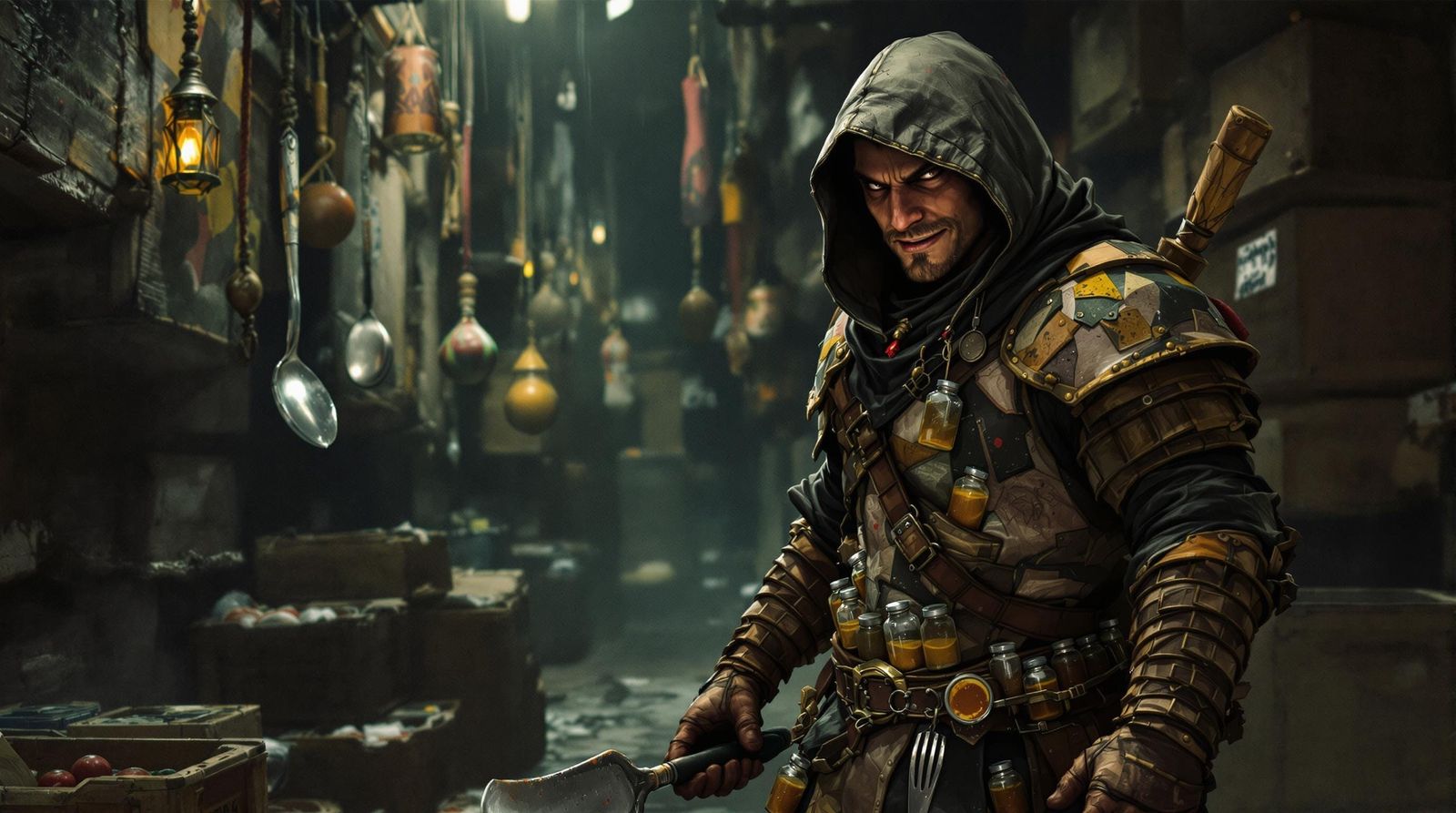 Stealthy Ingredient Raider in Patchwork Armor with Soup-Stai...