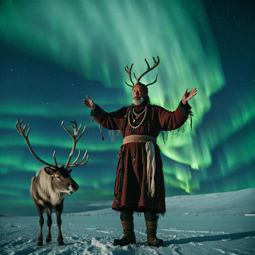A Sami people Shaman with his reindeer under the Northern Li...