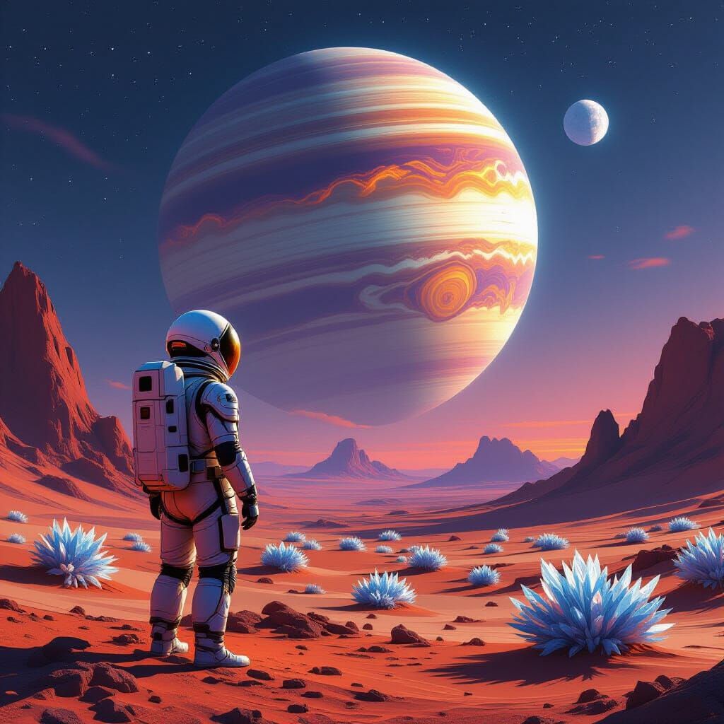 Astronaut Gazes at Alien Desert Planet and Ringed Gas Giant