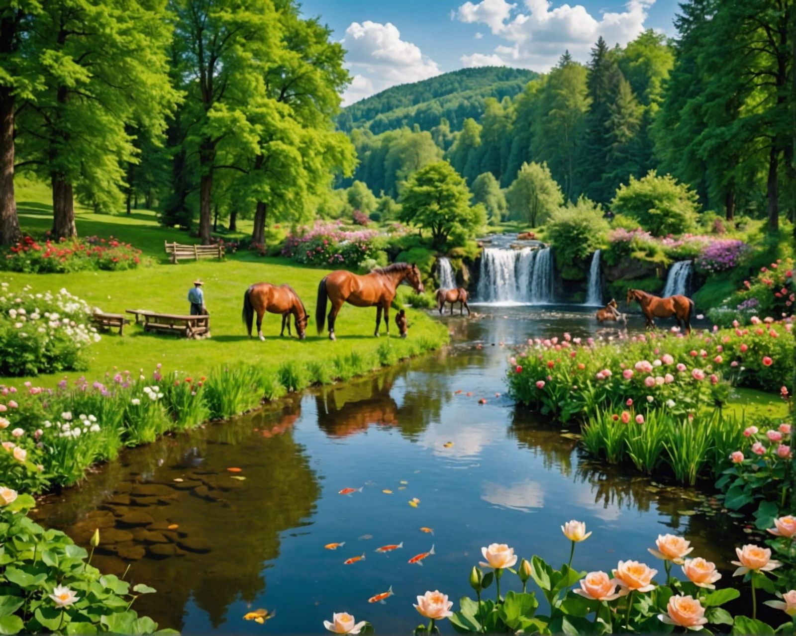 Lush Green Landscape with Horses and Waterfalls