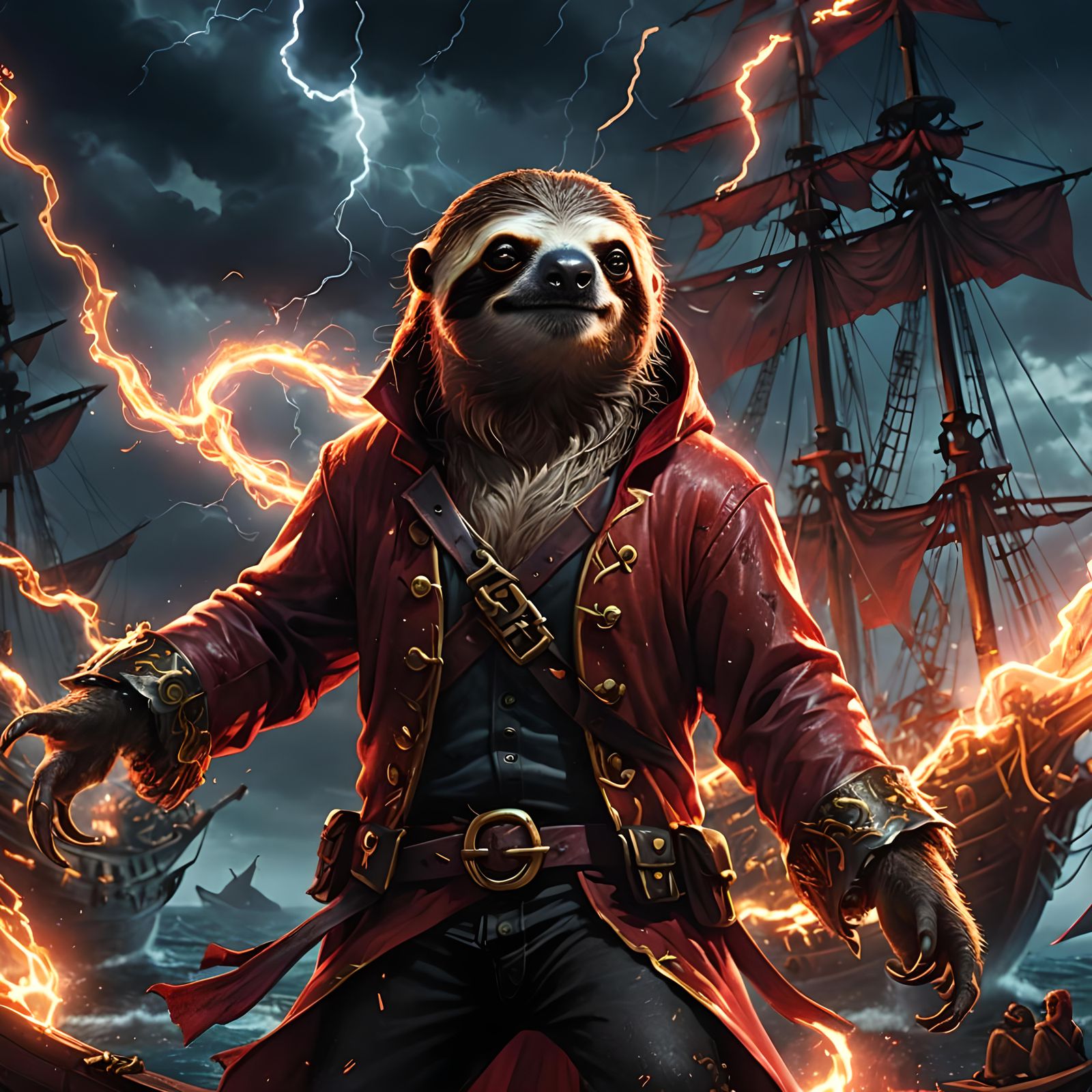 Ethereal Sloth Pirate Captain in Fiery Lightning Storm
