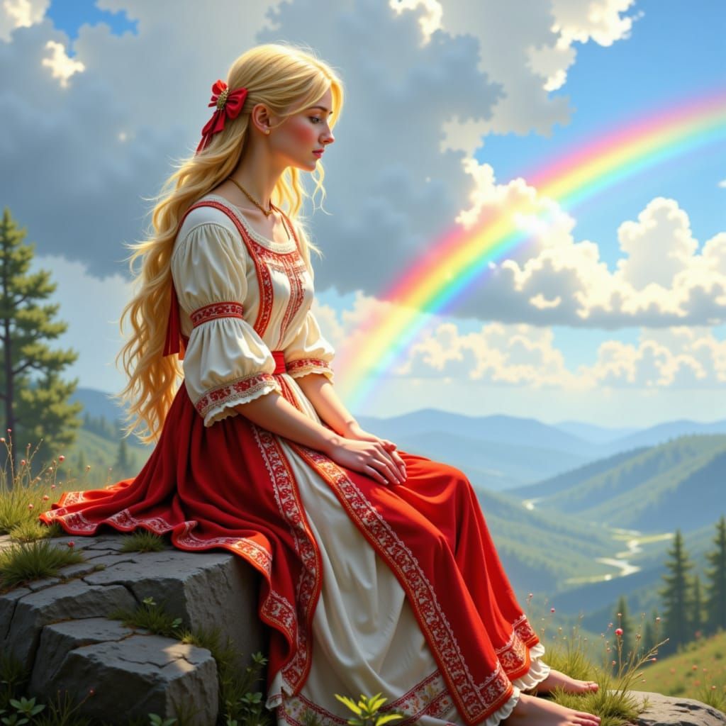 Siberian Princess Gazes at Rainbow in Photorealistic Style
