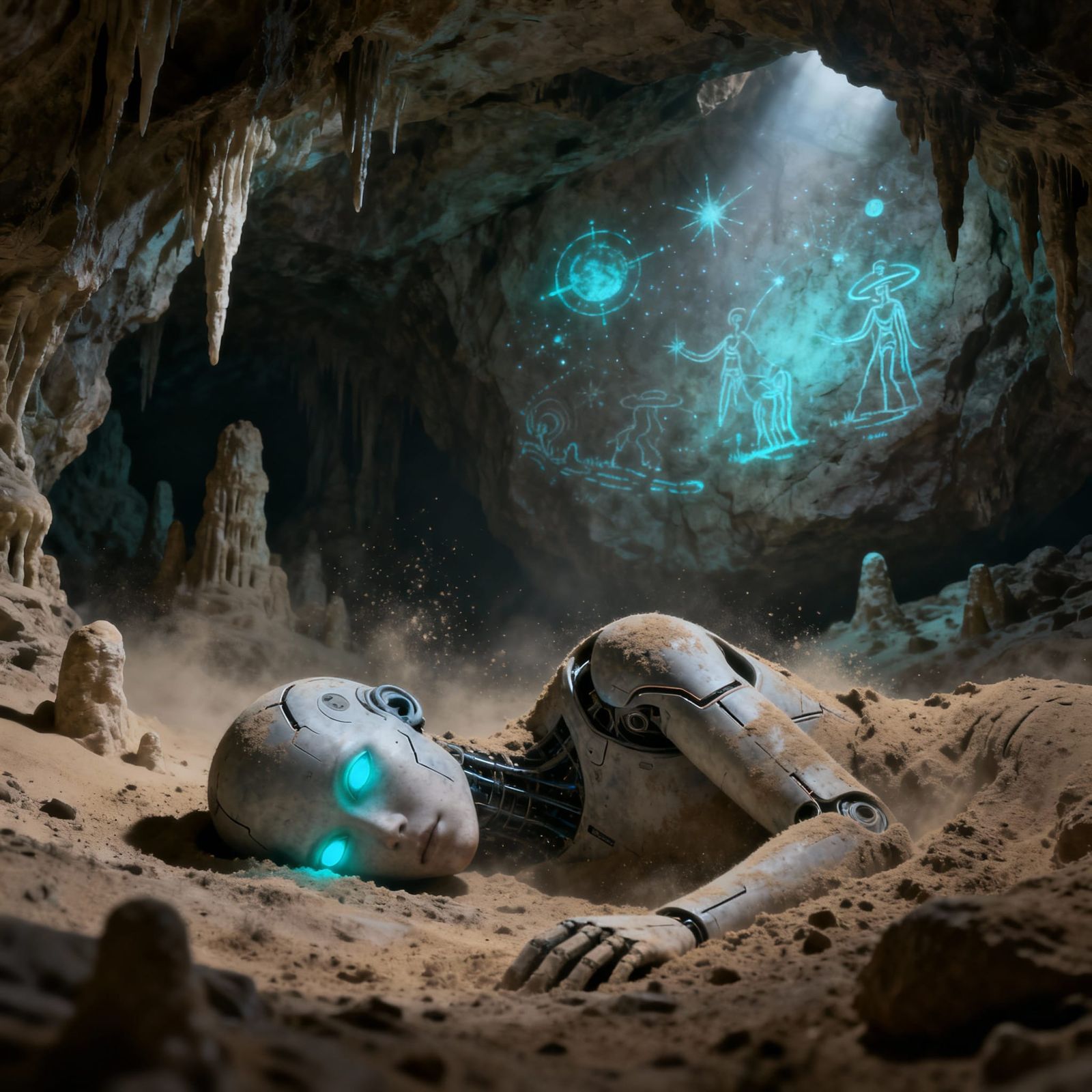 Fragile Android EVA in Bioluminescent Cave Art