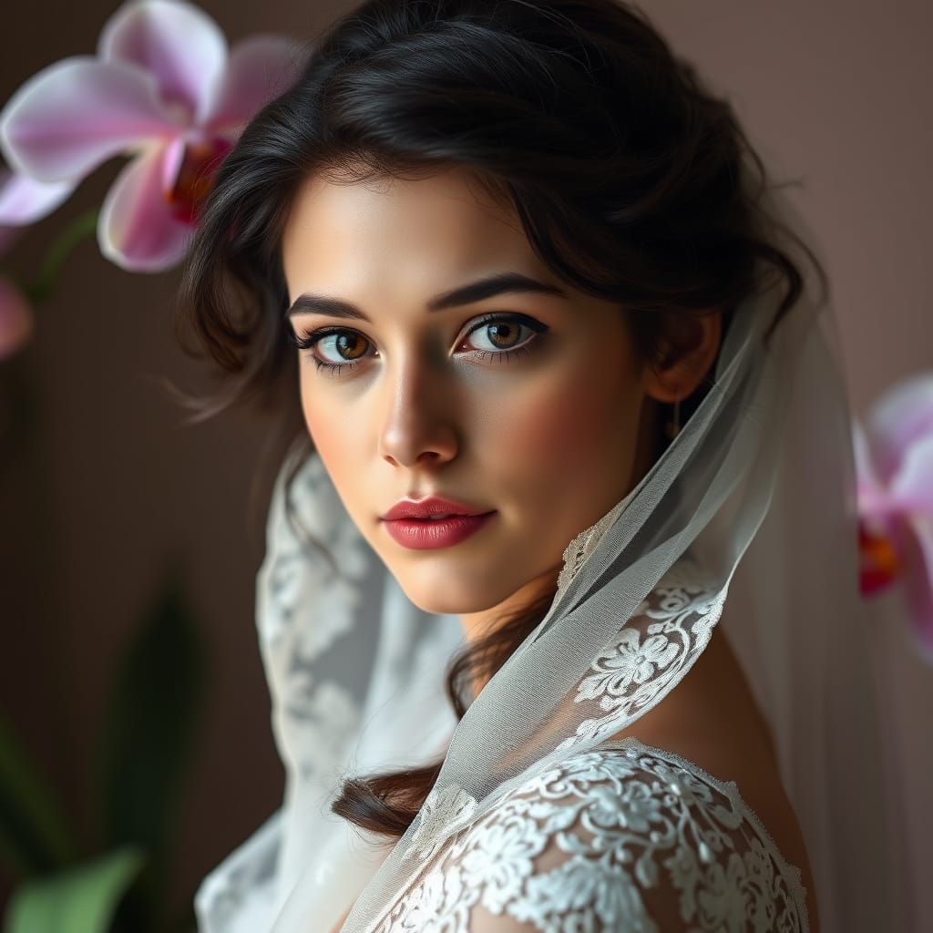 A soft, artistic portrait captures a young woman with dark, wavy hair partially veiled by a delicate, sheer white lace v...