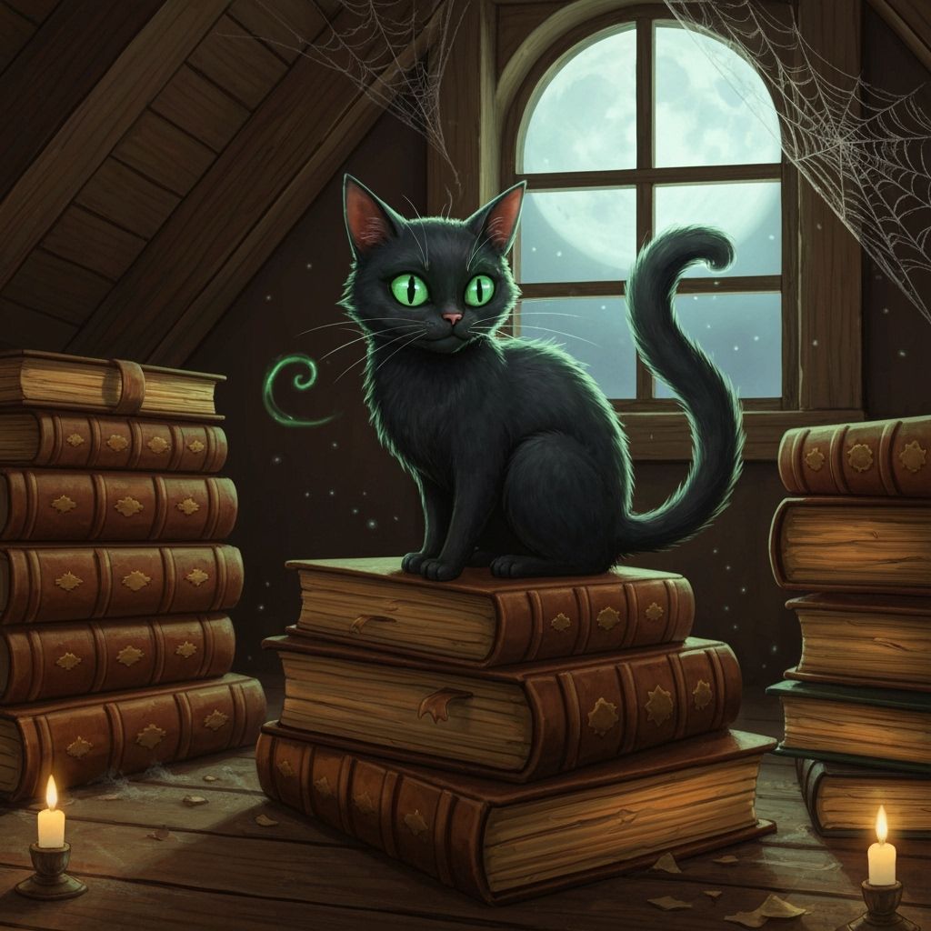 Mischievous Black Cat with Emerald Eyes on Grimoires