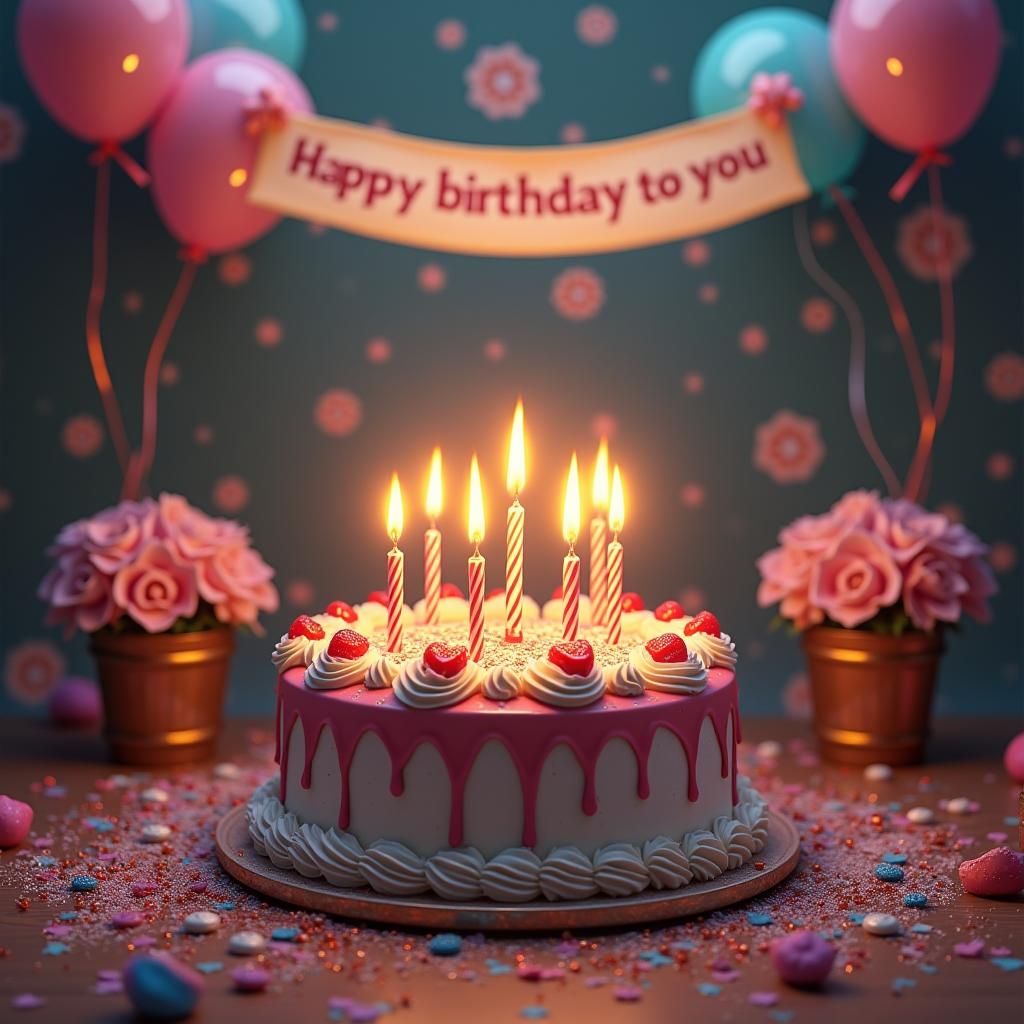 Vibrant Birthday Cake with Balloons and Glitter