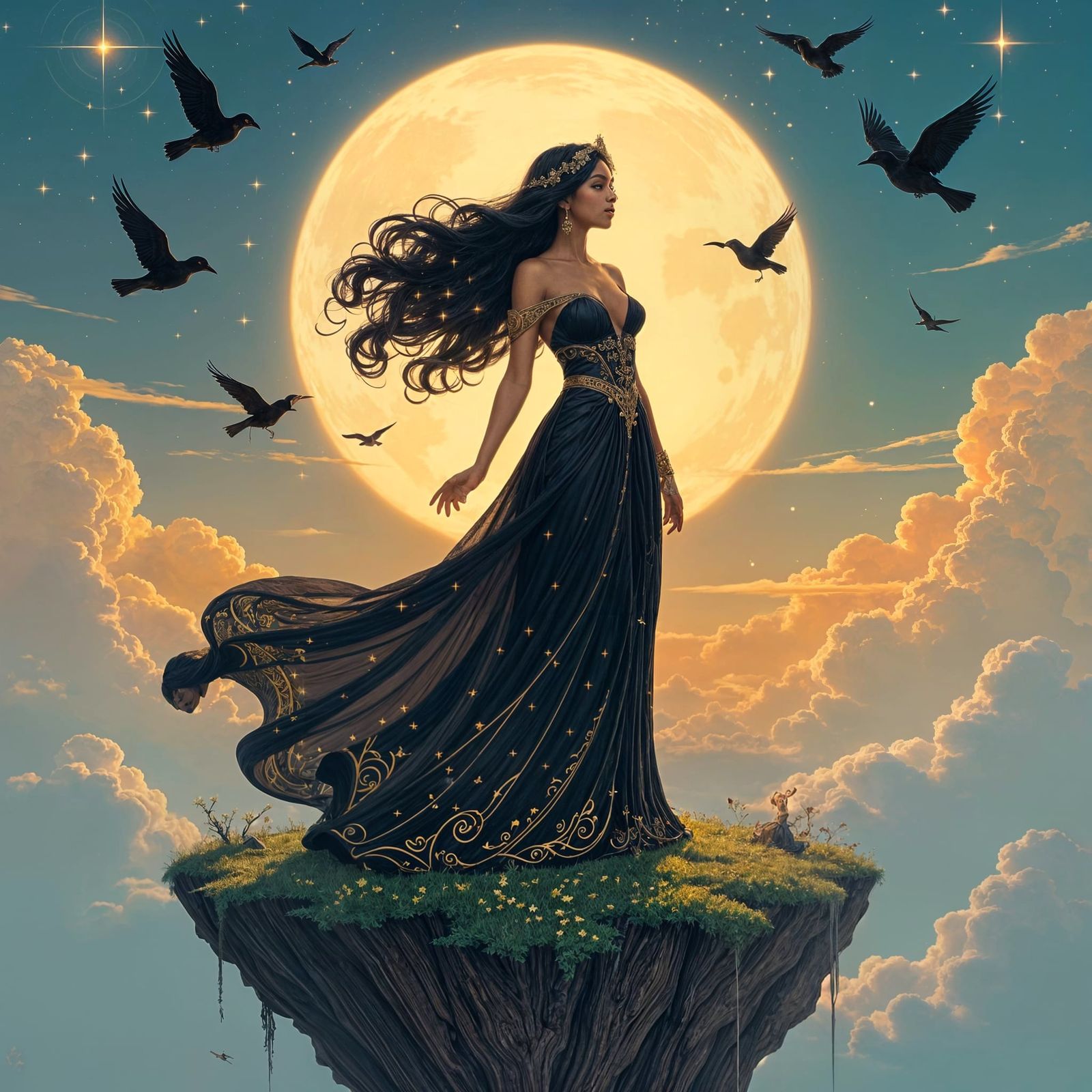 Ebony Goddess on Floating Island in Art Nouveau Style