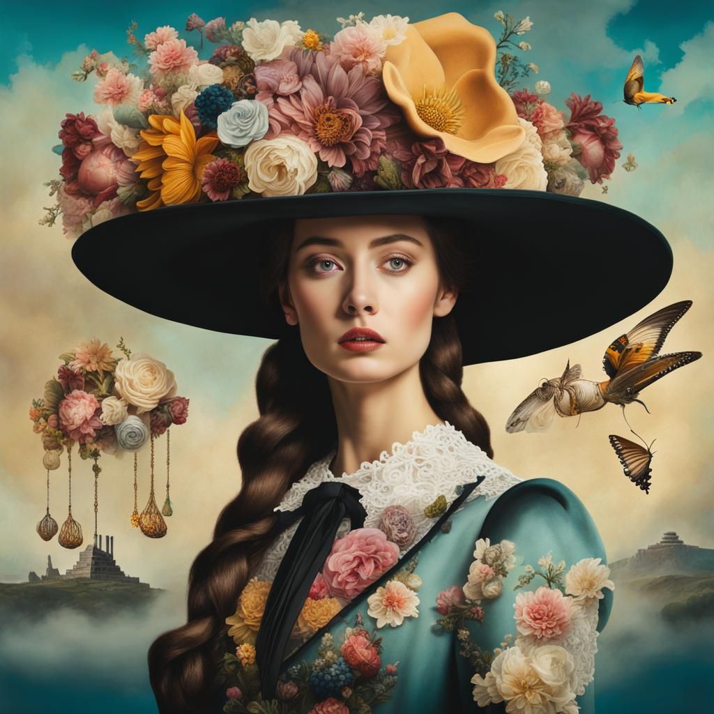 Ethereal Collage: Woman in 1800s Floral Hat