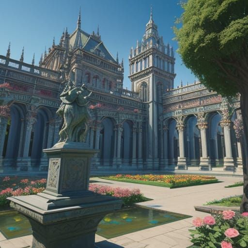 Asymmetric Palace Garden in Vibrant Fantasy Colors