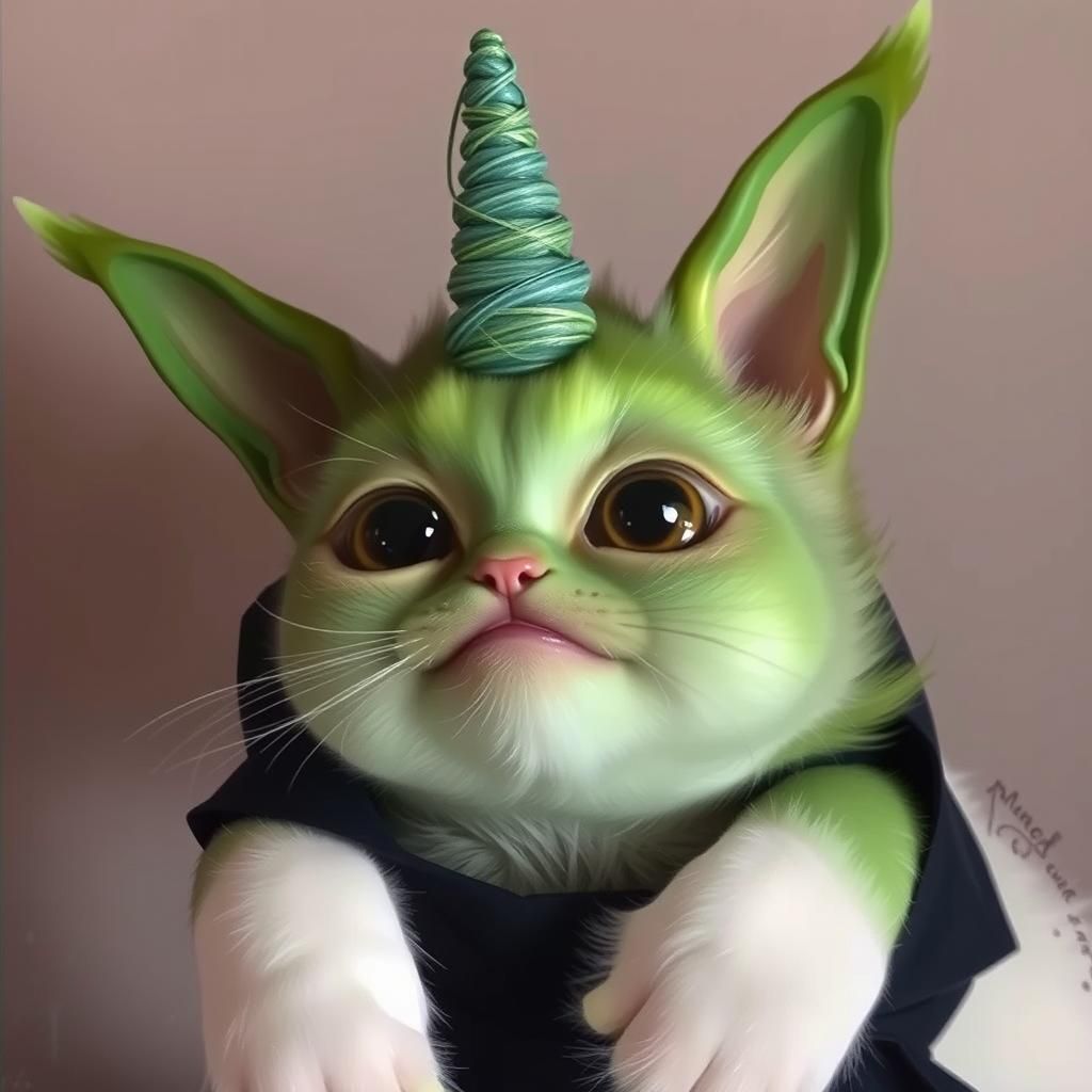 Pastel Unicorn Cat in Meadow, Mixed Media Style