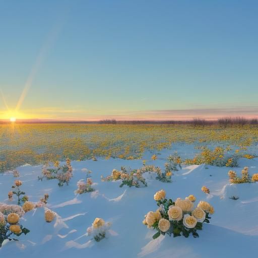 Roses Blooming in Snow Under Pastel Sky
