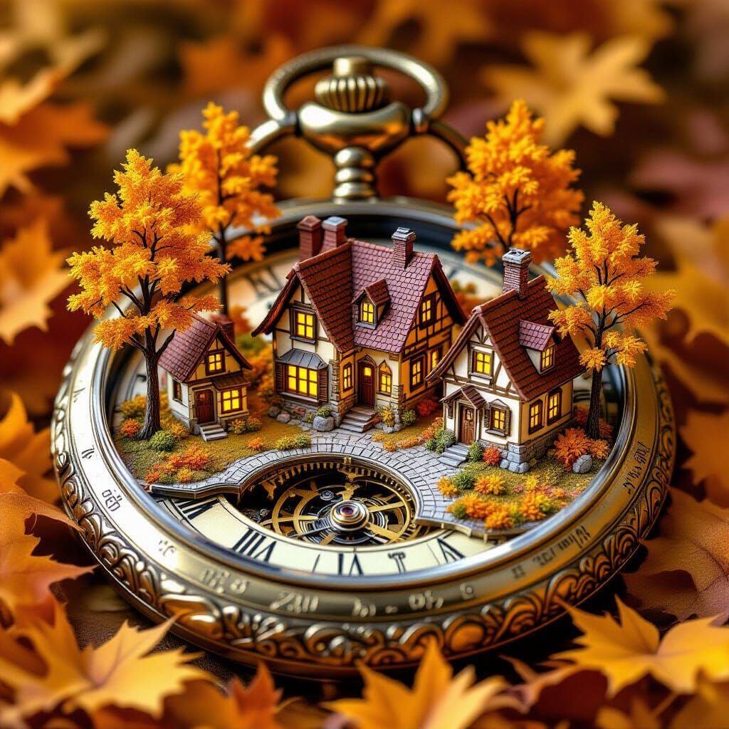 Whimsical Autumn Village on Antique Pocket Watch
