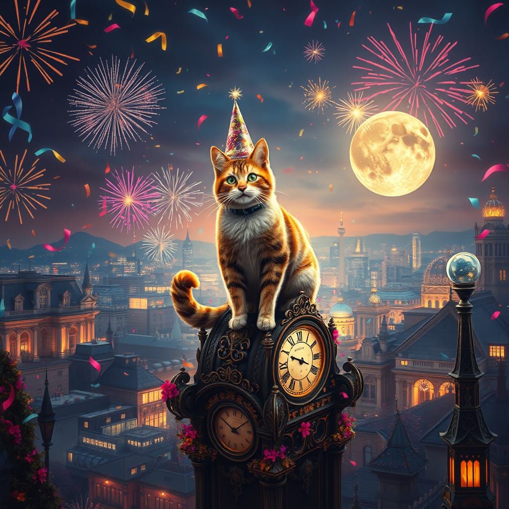 Whimsical Cat Celebrates New Year's Eve in a Vibrant Citysca...