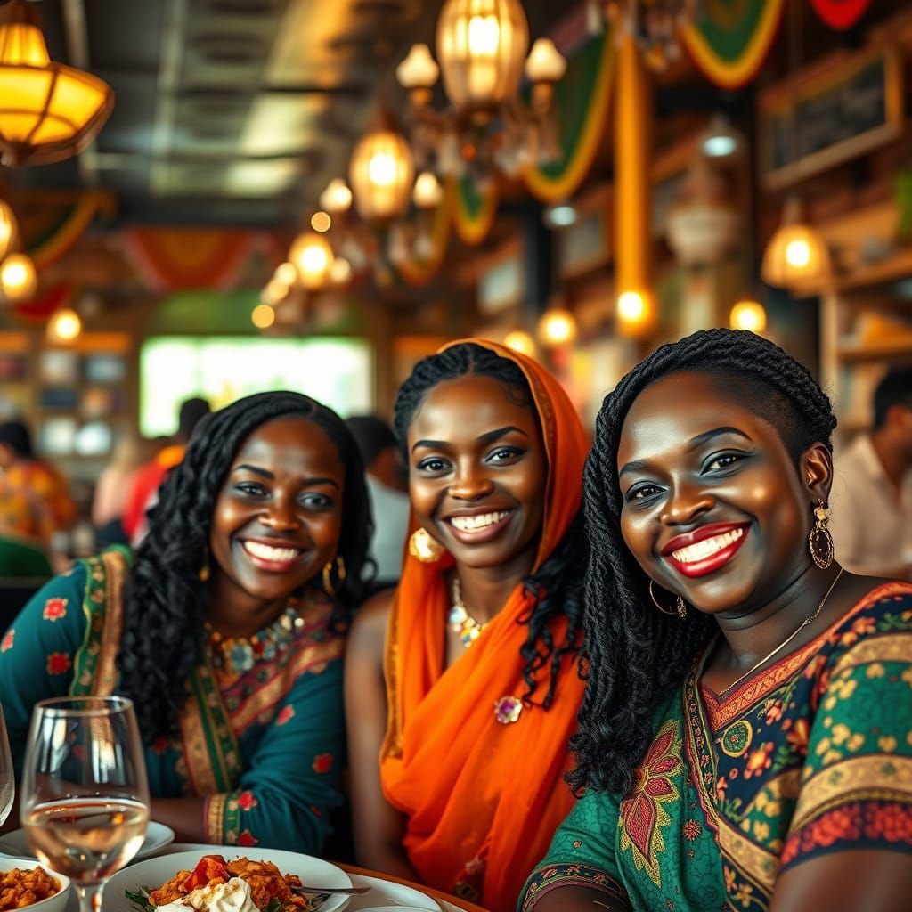 Smiling Women at Indian Restaurant: Photorealistic Image