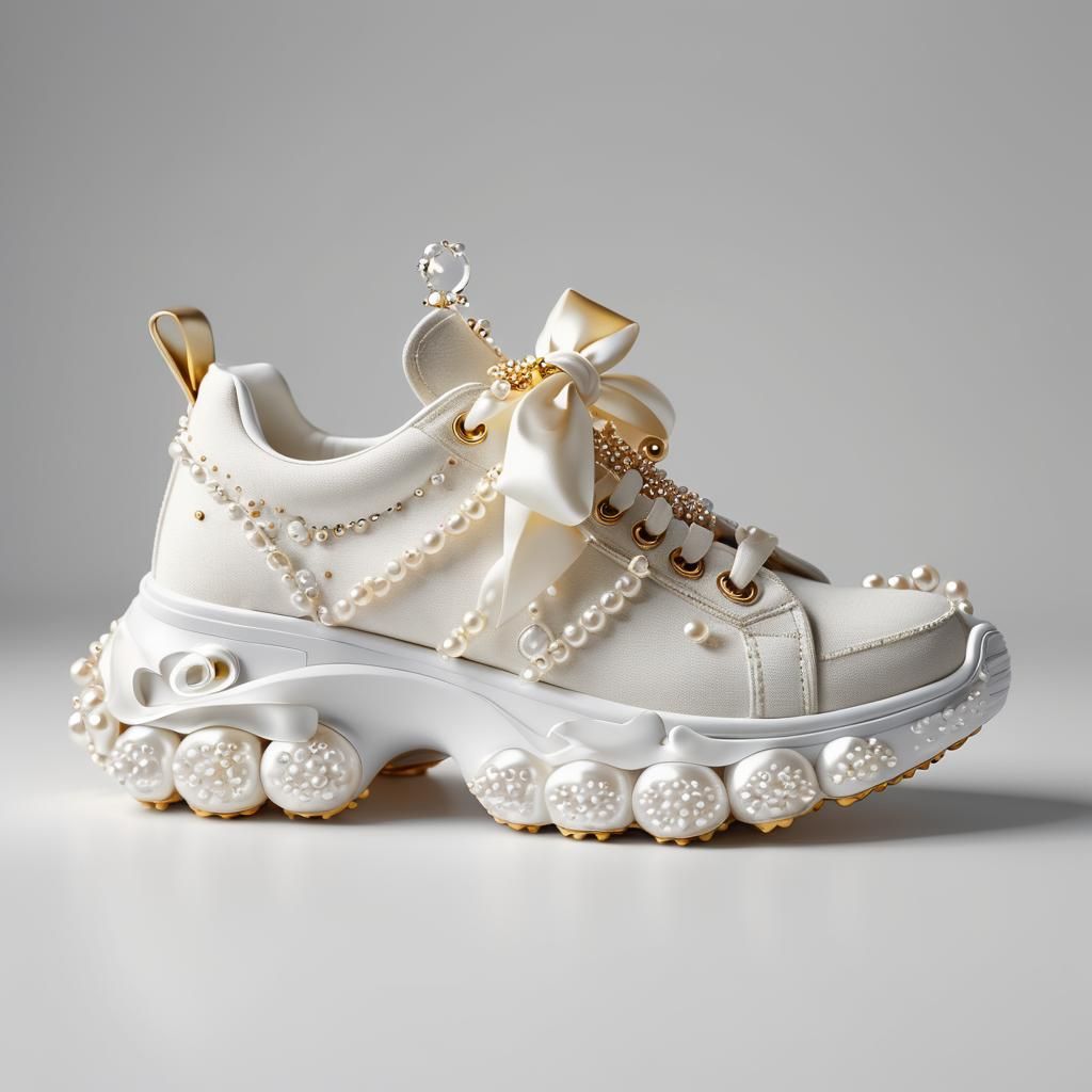 Luxe Sneaker: Hyper-Realistic Pearls and Ribbons