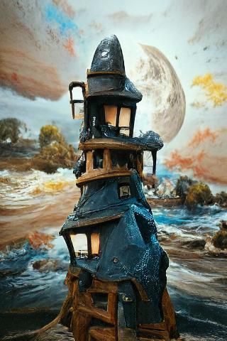 Beautifully lit Fantasy lighthouse made of clay