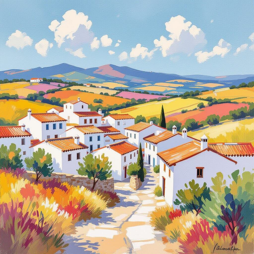 Andalucian Landscape in Gouache and Watercolor Style