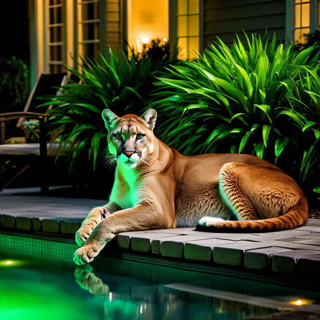 Cougar Lounging by Pool in Moonlight