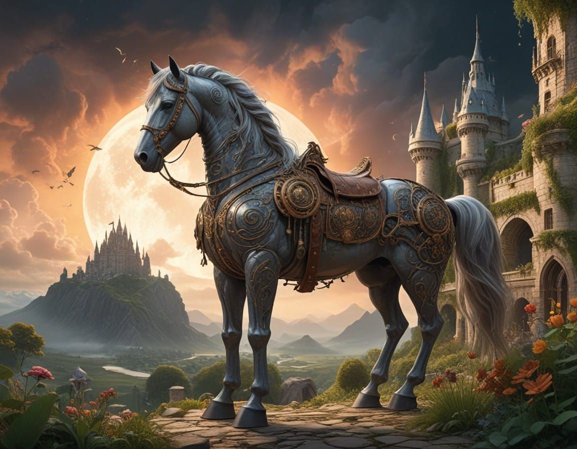 Gigantic Construct Horse Dominates a Fantastical Landscape