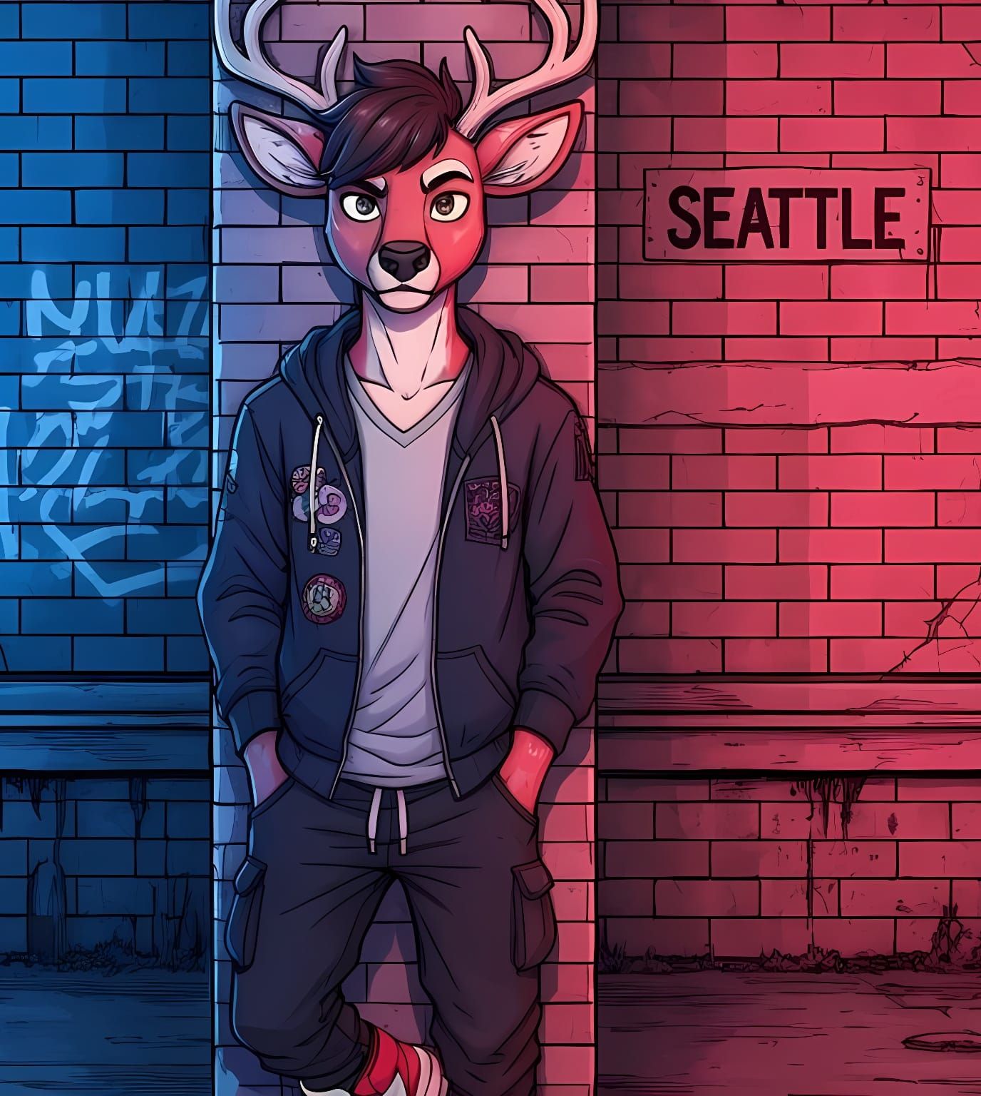 Streetwear Deer Boy in Urban Alley with Graffiti