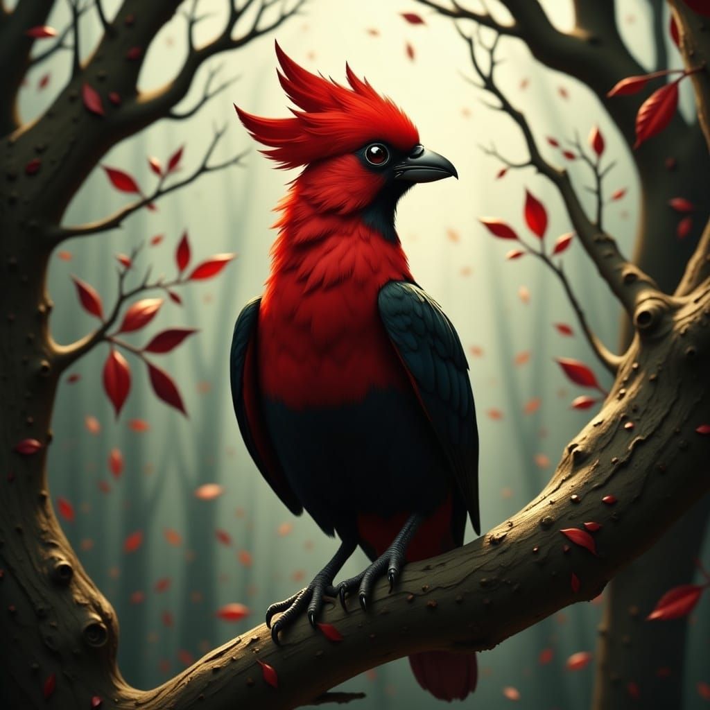 Whimsical Red-bellied Bird in Vibrant 8k Forest Landscape