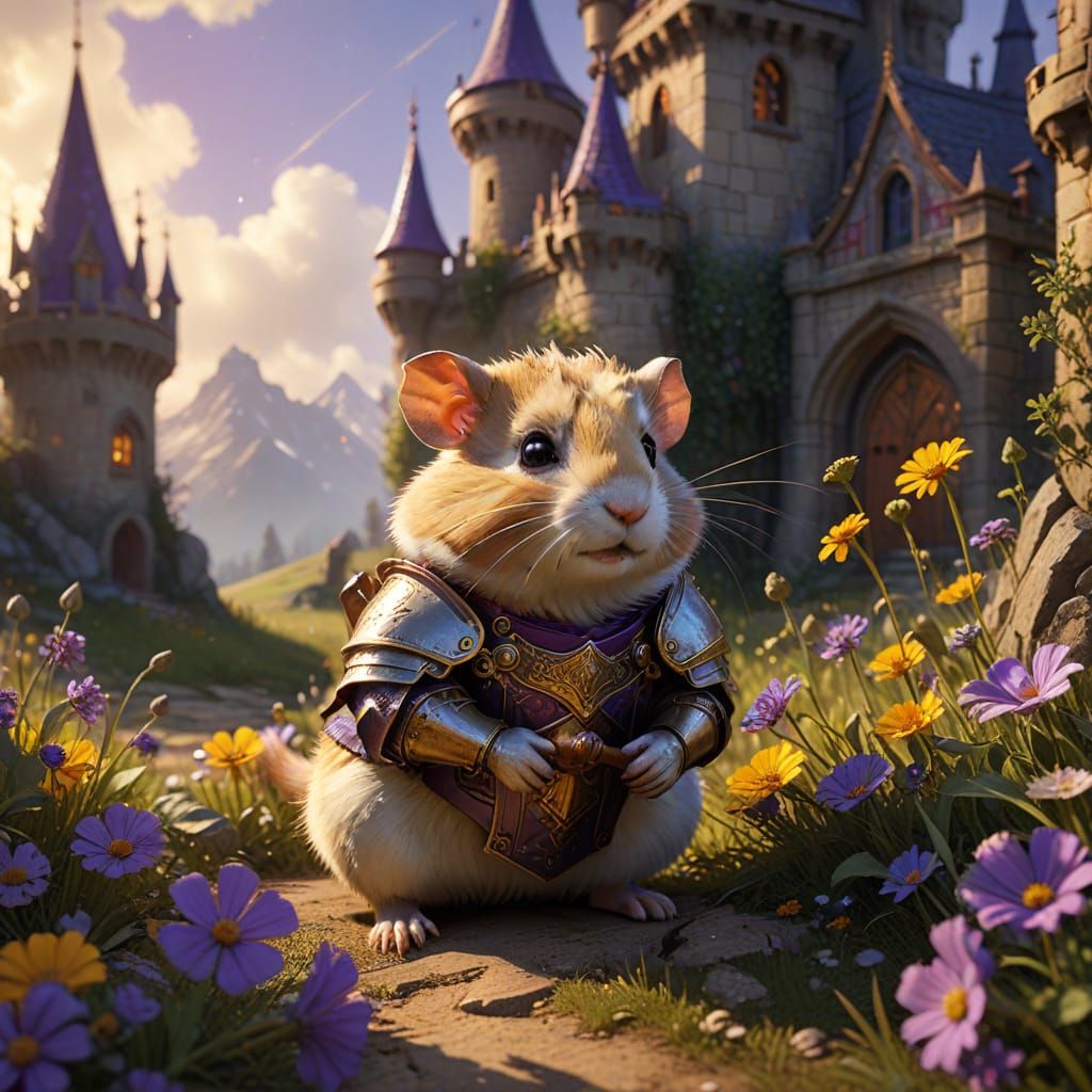 Brave Hamster Knight Guards Acorn Castle in Whimsical Fantas...